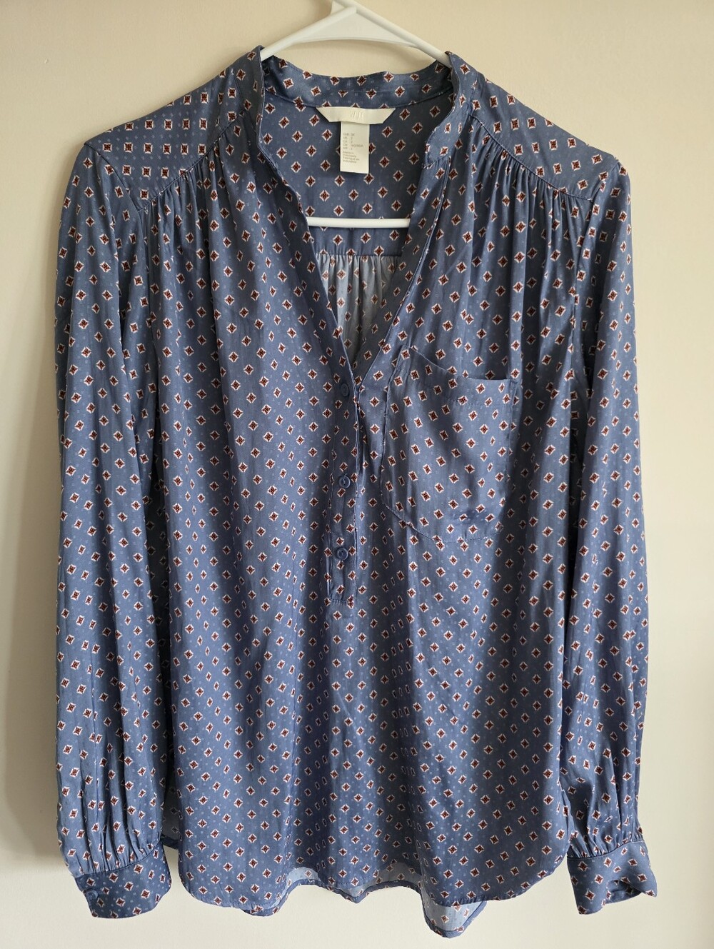 NWOT H&M Navy Blue Geometric-Print Long Sleeve Blouse